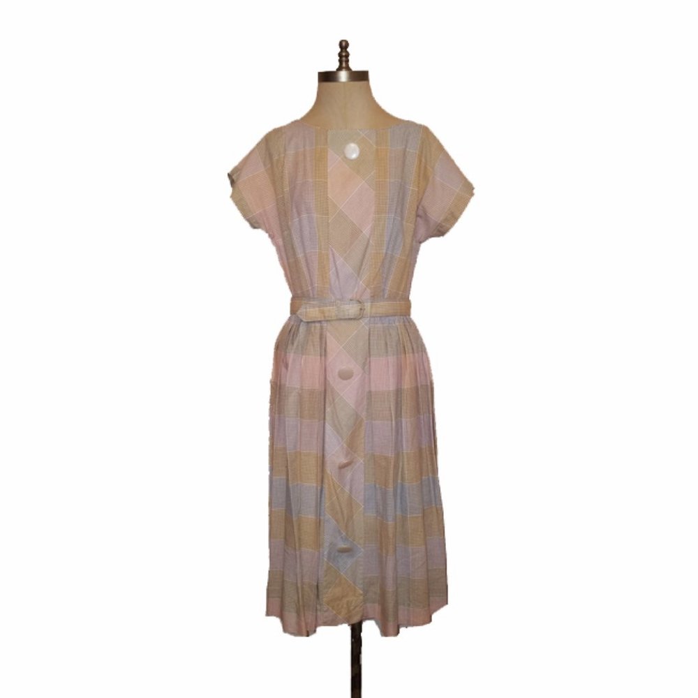 Vtg 60s Pastel Check Plaid Belted Day Dress M
